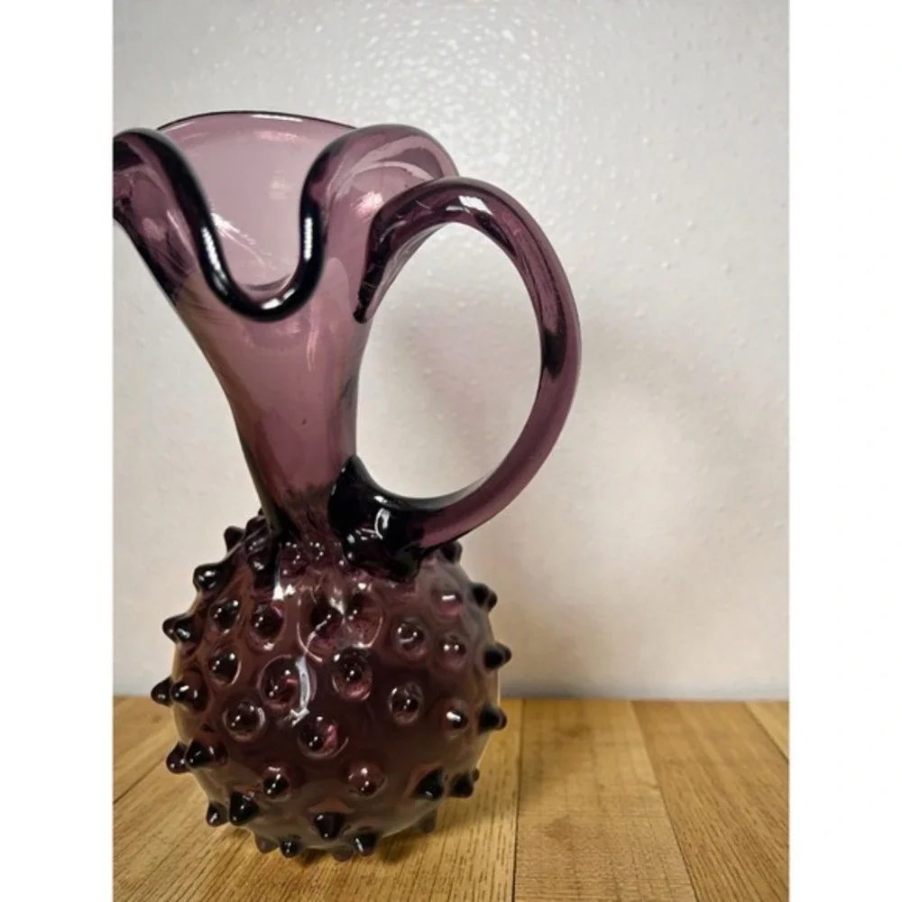Vintage Amethyst Purple Hobnail Art Glass Pitcher Hand Blown Decorative‎ Cruet